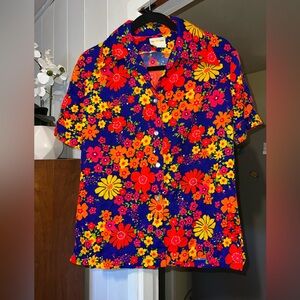 “Made In Hawaii” Shirt Blouse Top Size M/L Button Up Vintage Aloha Barkcloth 70s